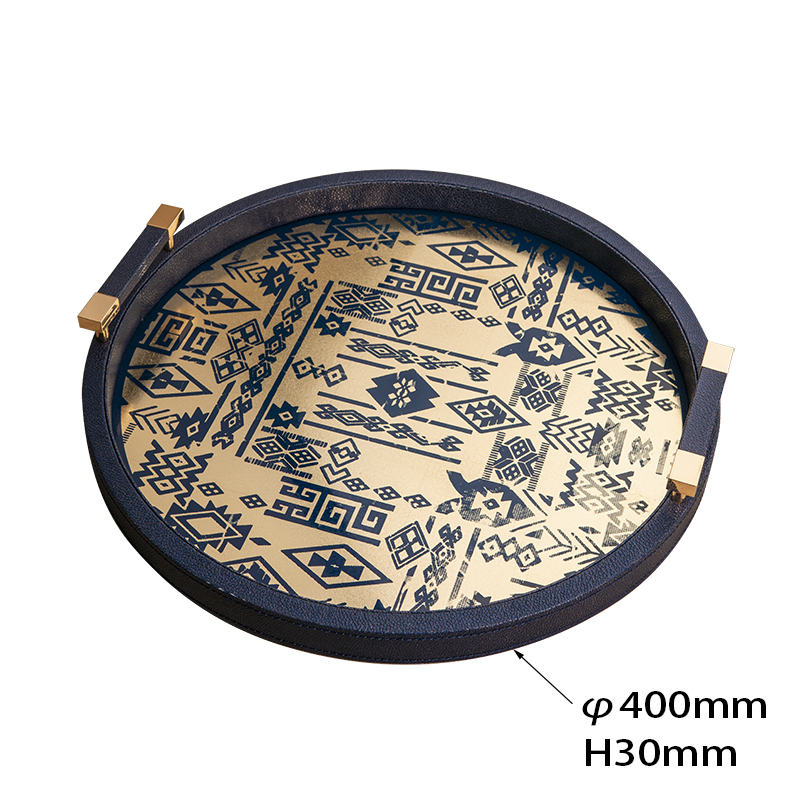 GOLD FOIL SILK SCREEN CAVIAR PATTERN ROUND TRAY & WOODEN BOX