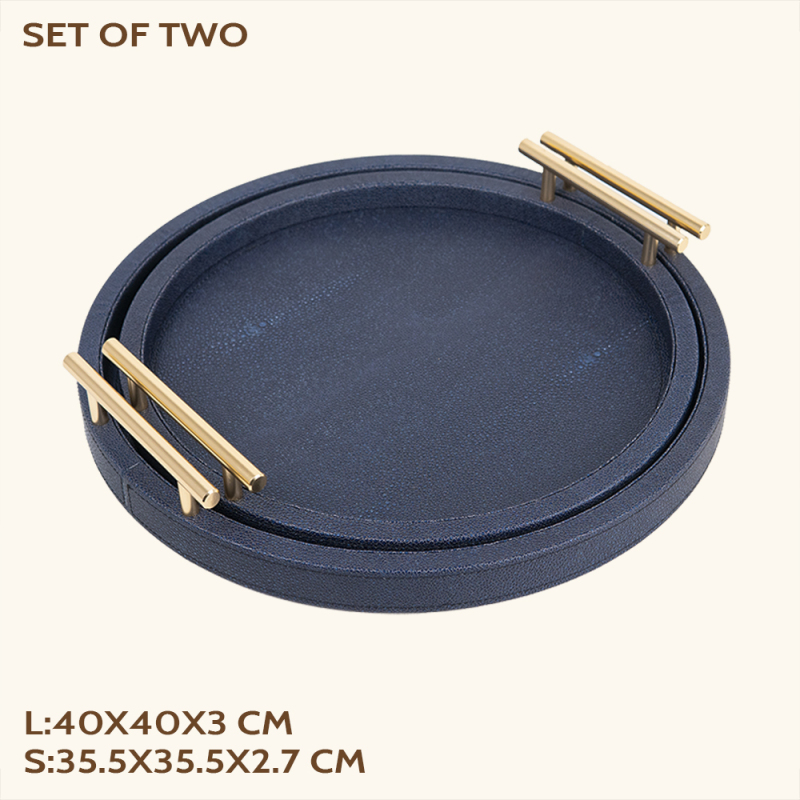 FISH ROE PATTERN ROUND LEATHER TRAY TWO PIECE SET