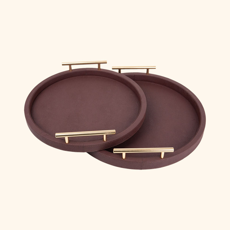 FISH ROE PATTERN ROUND LEATHER TRAY TWO PIECE SET