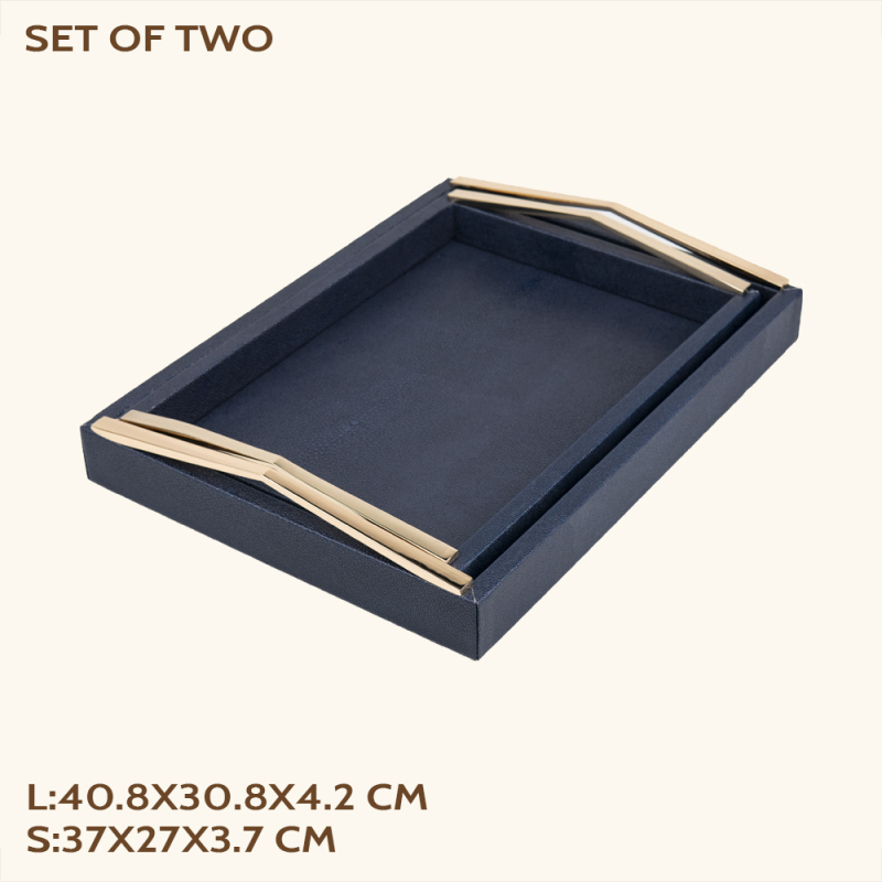 TRIANGLE MATAL HANDLE LEATHER TRAY-TWO PIECES SET