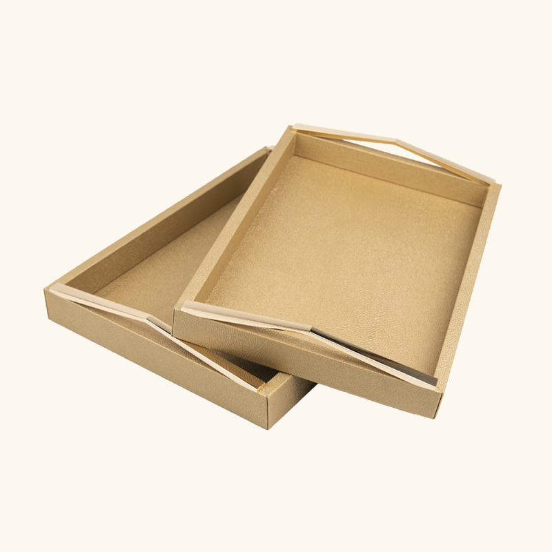 TRIANGLE MATAL HANDLE LEATHER TRAY-TWO PIECES SET
