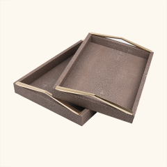 TRIANGLE MATAL HANDLE LEATHER TRAY-TWO PIECES SET