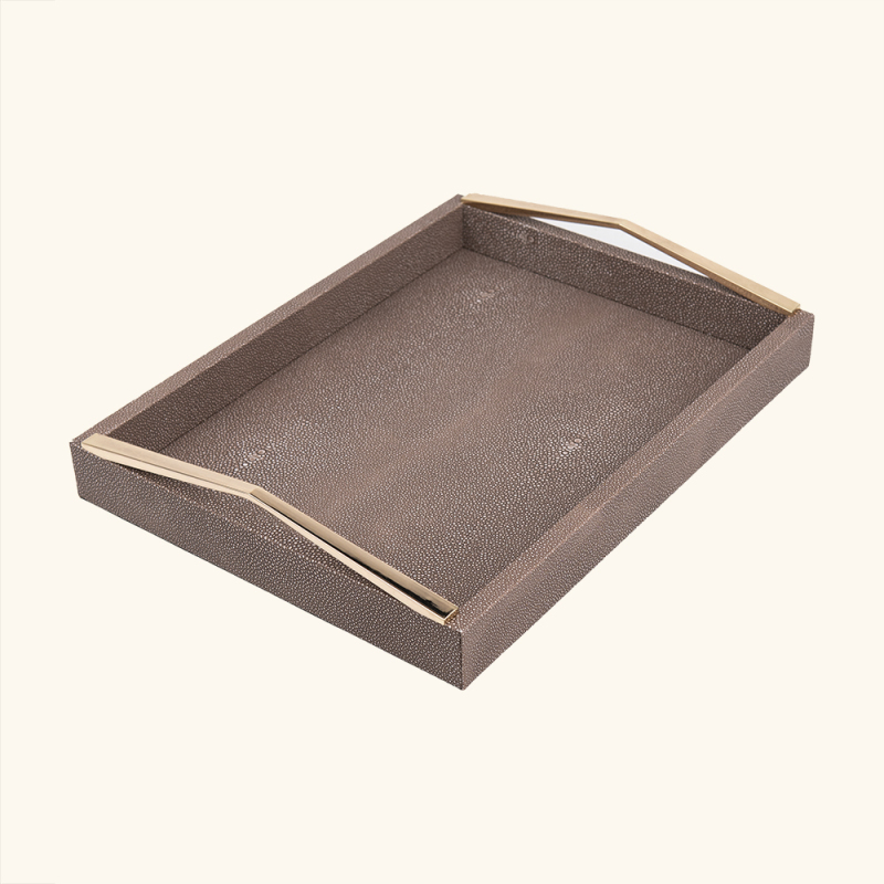 TRIANGLE MATAL HANDLE LEATHER TRAY-TWO PIECES SET