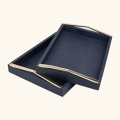 TRIANGLE MATAL HANDLE LEATHER TRAY-TWO PIECES SET