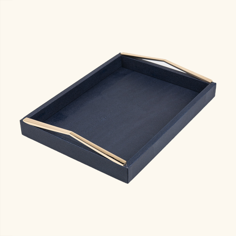 TRIANGLE MATAL HANDLE LEATHER TRAY-TWO PIECES SET