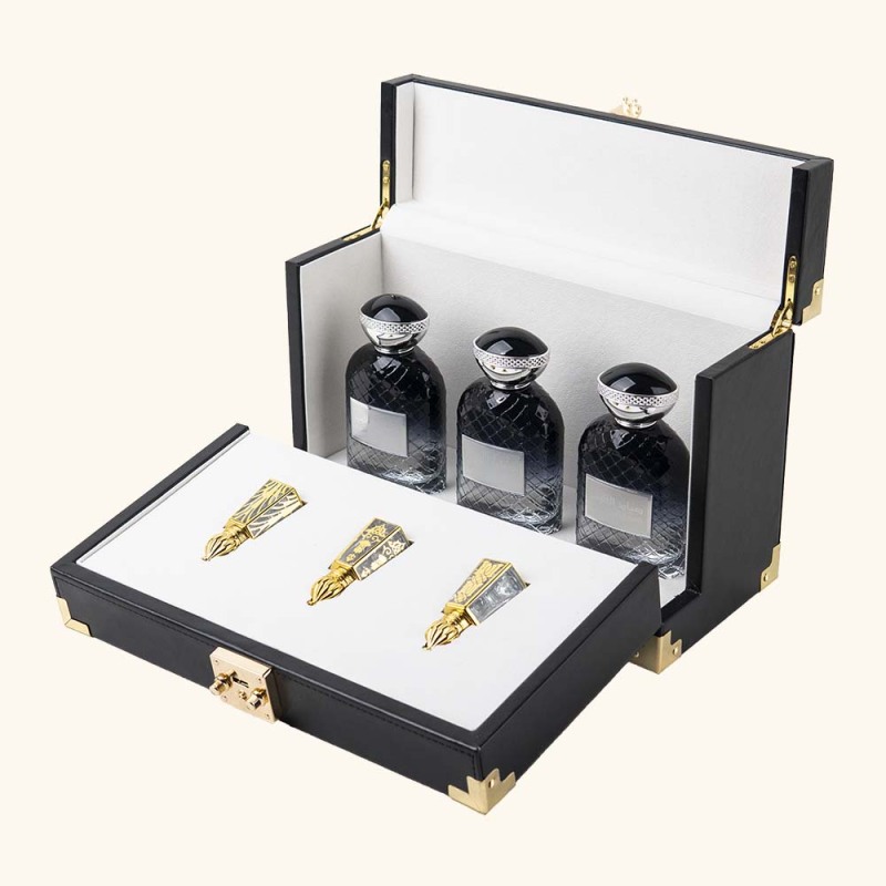 TOP AND FRONT OPEN PU LEATHER PERFUME BOX WITH GOLDEN LOCK