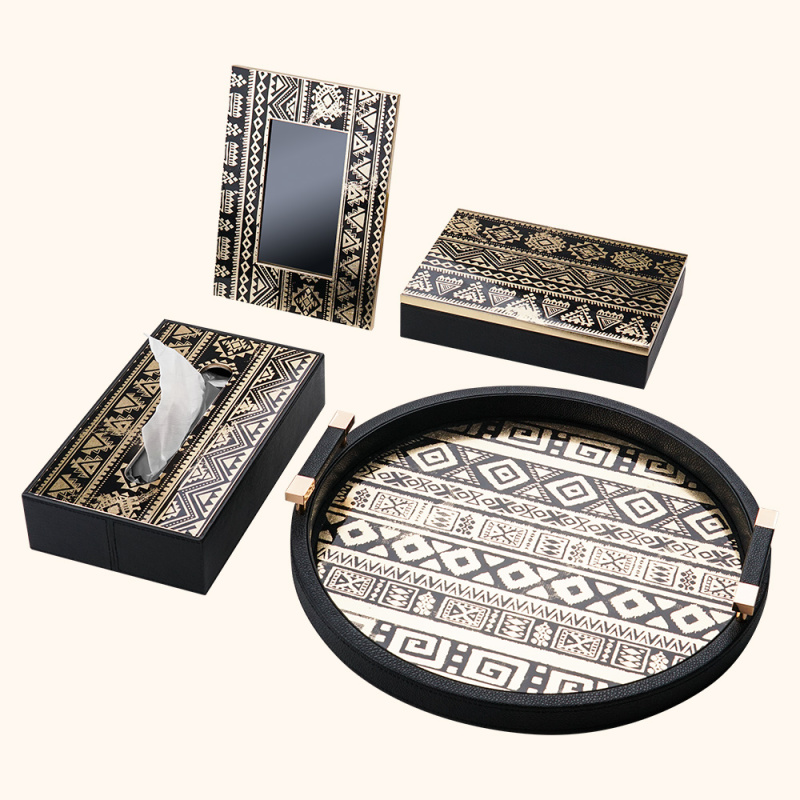 GOLD FOIL SILK SCREEN CAVIAR PATTERN ROUND TRAY & WOODEN BOX