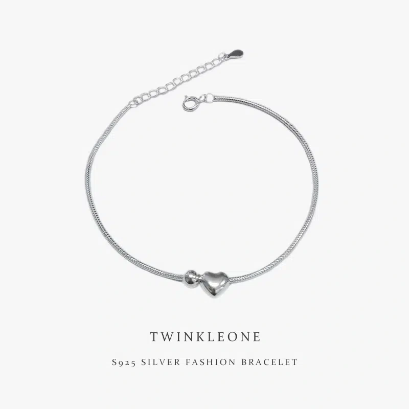 TWINKLEONE Delicate 925 Sterling Silver Polished Snake Chain Bracelet with Heart Charm - Dainty Fashion Jewelry for Women