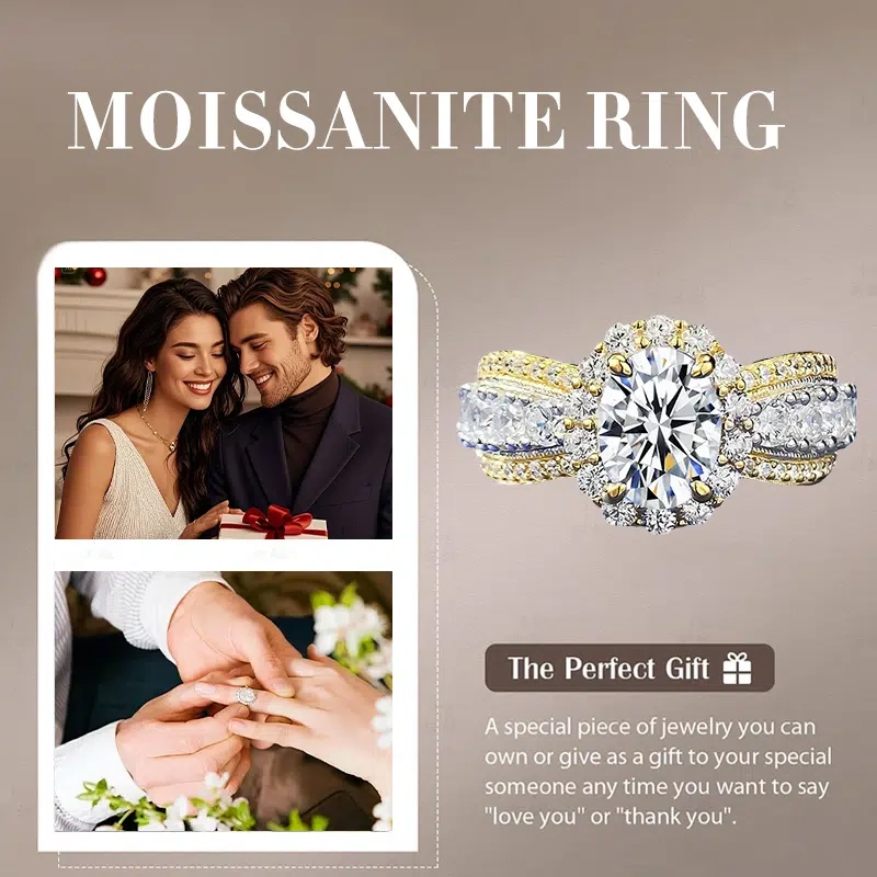 TWINKLEONE 925 Sterling Silver Two-Tone Oval Moissanite Ring - American Everyday Jewelry | Souvenir, Surprise Gift