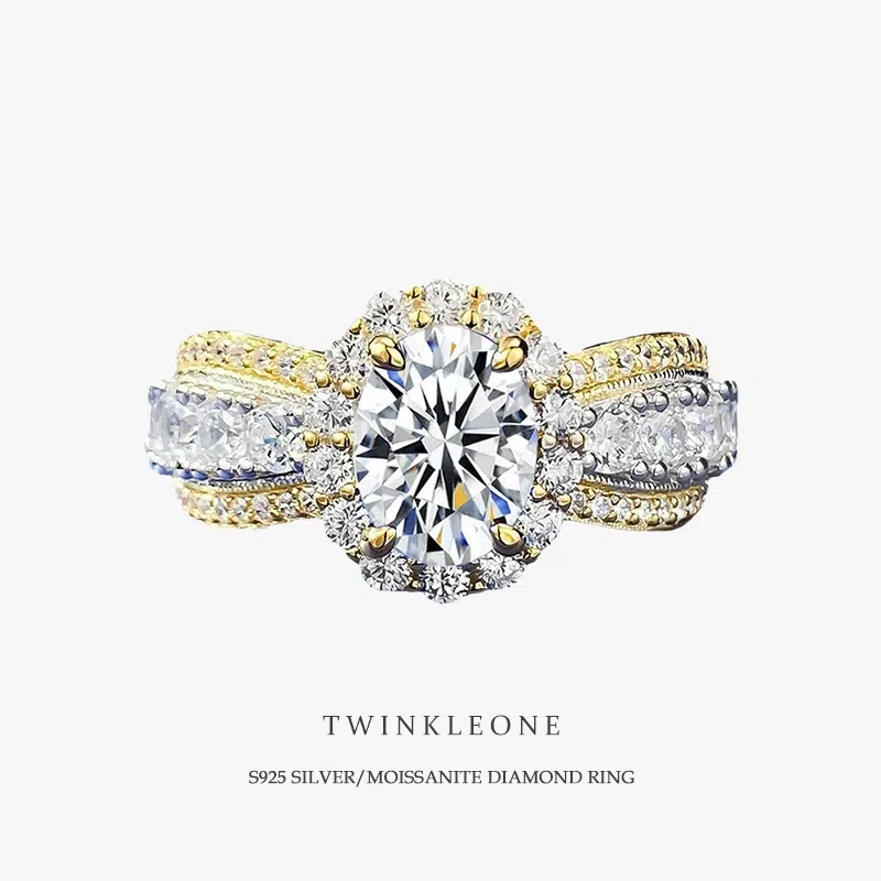 TWINKLEONE 925 Sterling Silver Two-Tone Oval Moissanite Ring - American Everyday Jewelry | Souvenir, Surprise Gift