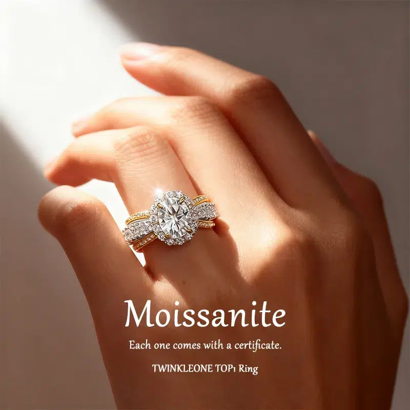 TWINKLEONE 925 Sterling Silver Two-Tone Oval Moissanite Ring - American Everyday Jewelry | Souvenir, Surprise Gift