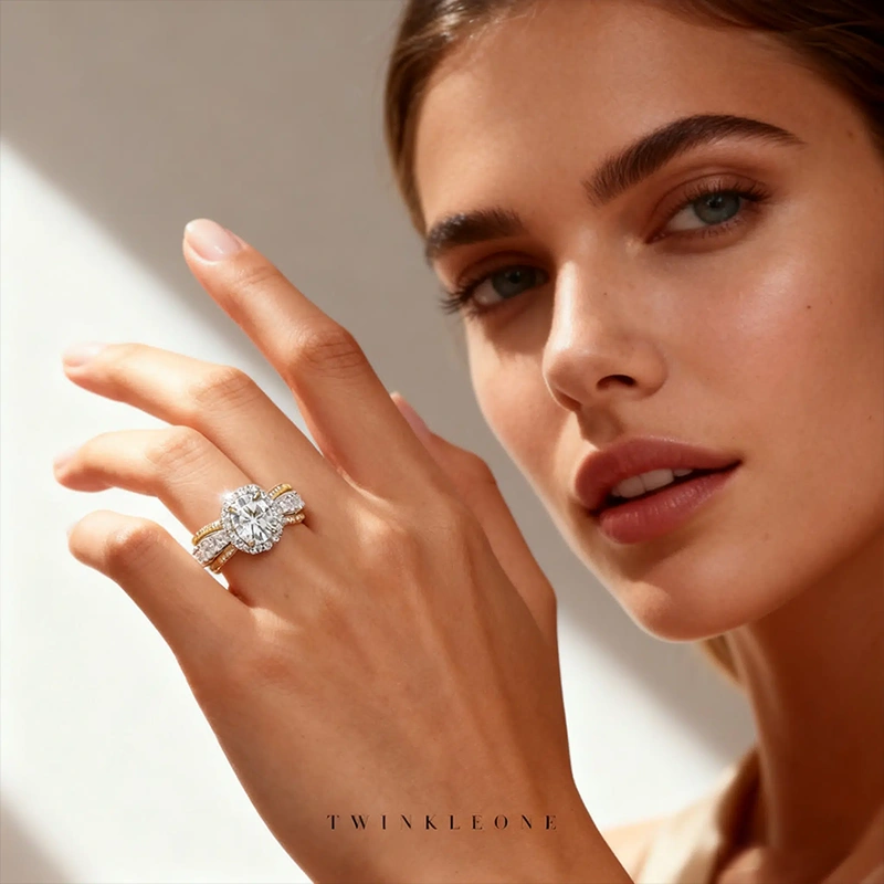 TWINKLEONE 925 Sterling Silver Two-Tone Oval Moissanite Ring - American Everyday Jewelry | Souvenir, Surprise Gift