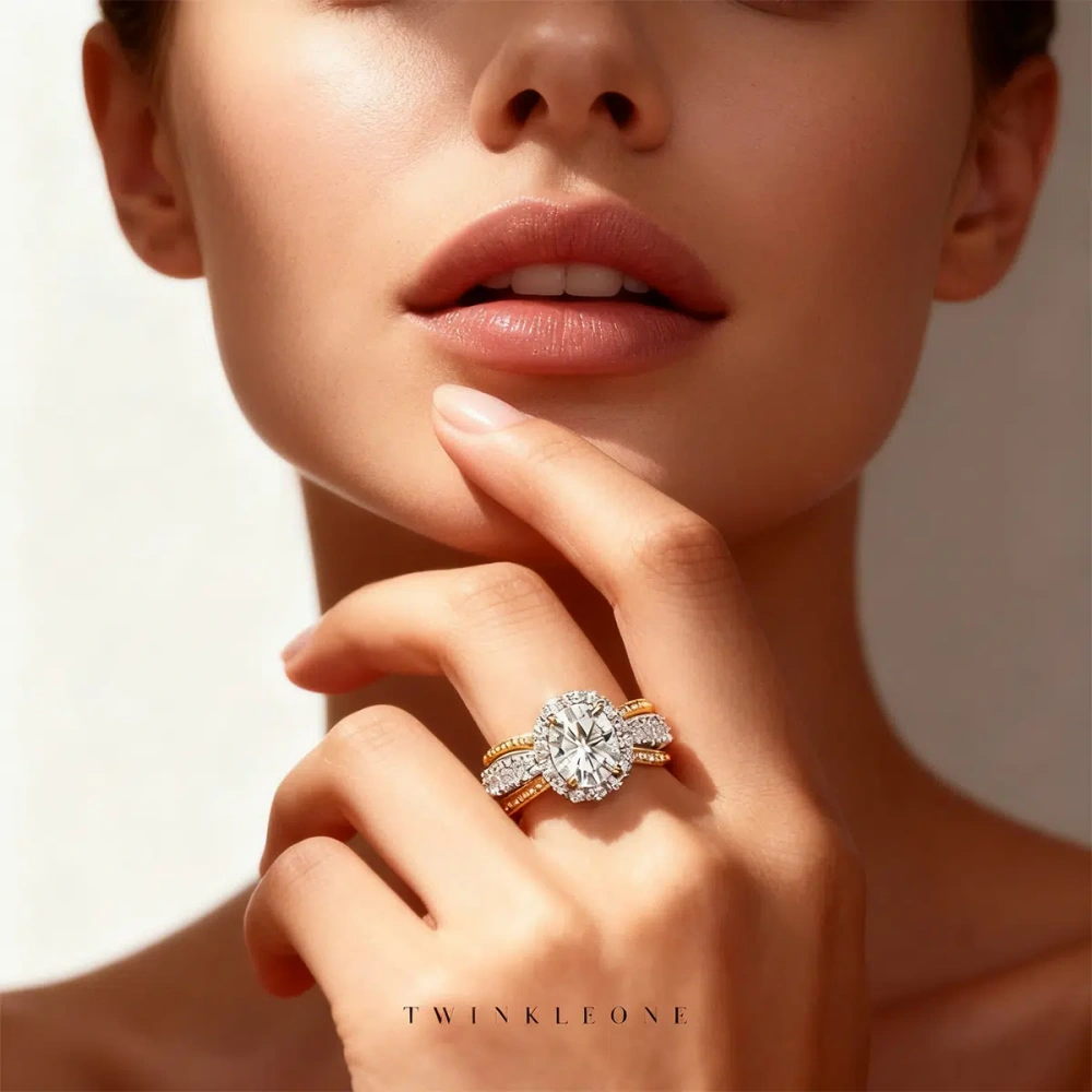 TWINKLEONE 925 Sterling Silver Two-Tone Oval Moissanite Ring - American Everyday Jewelry | Souvenir, Surprise Gift