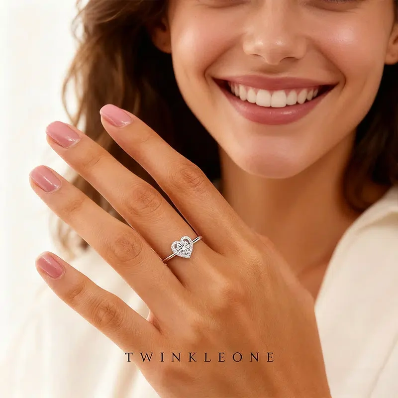 TWINKLEONE Handmade Silver Heart-Shaped Zirconia Ring – Eternal Love Proposal Ring
