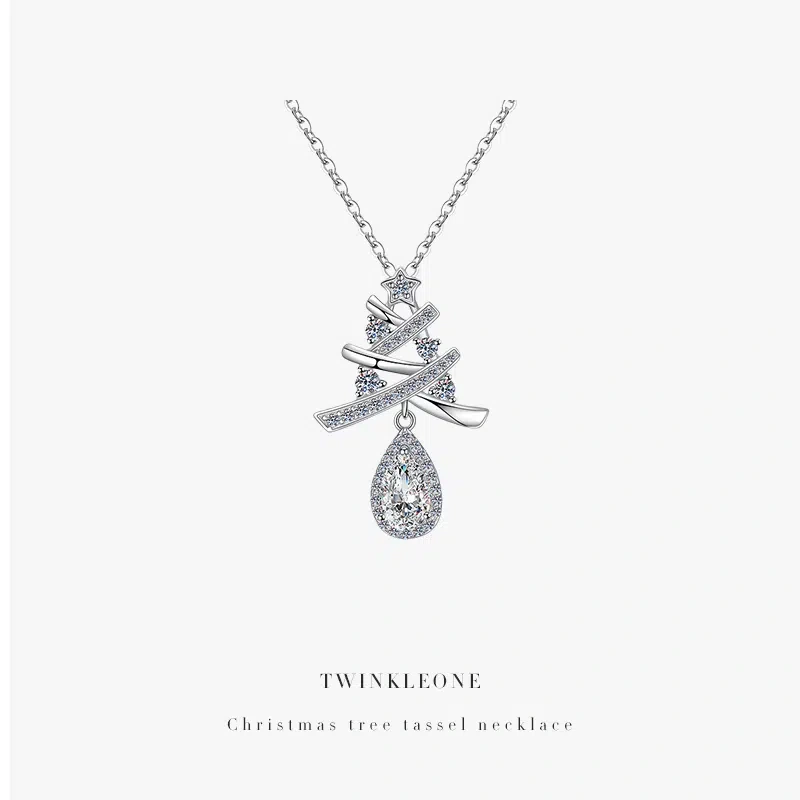 Christmas Tree Necklace, S925 Sterling Silver, Teardrop Pendant, Tassel Design, Christmas Gift