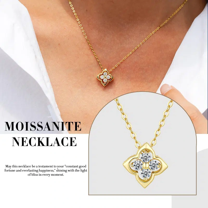 Lucky Four-Leaf Clover Necklace, S925 Silver 14K Gold Plated with Moissanite