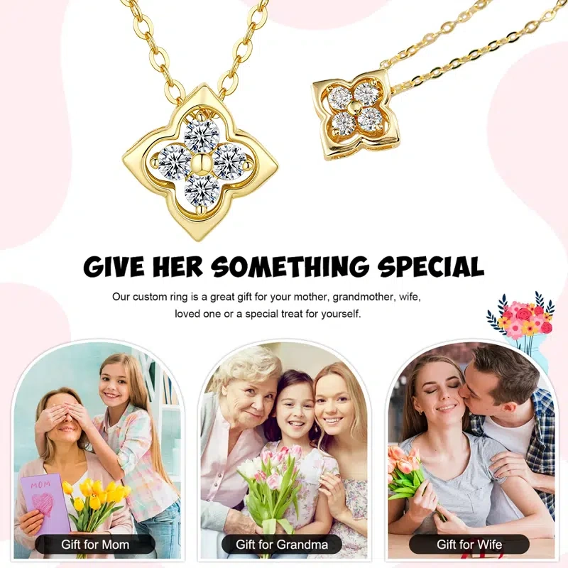 Lucky Four-Leaf Clover Necklace, S925 Silver 14K Gold Plated with Moissanite