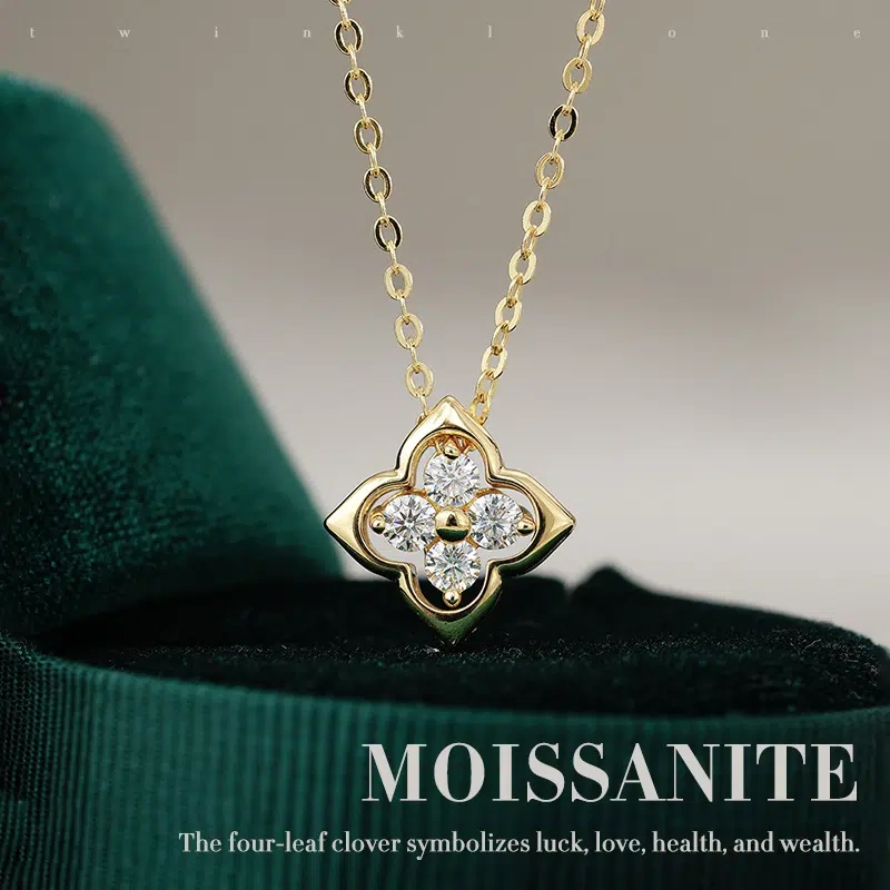 Lucky Four-Leaf Clover Necklace, S925 Silver 14K Gold Plated with Moissanite