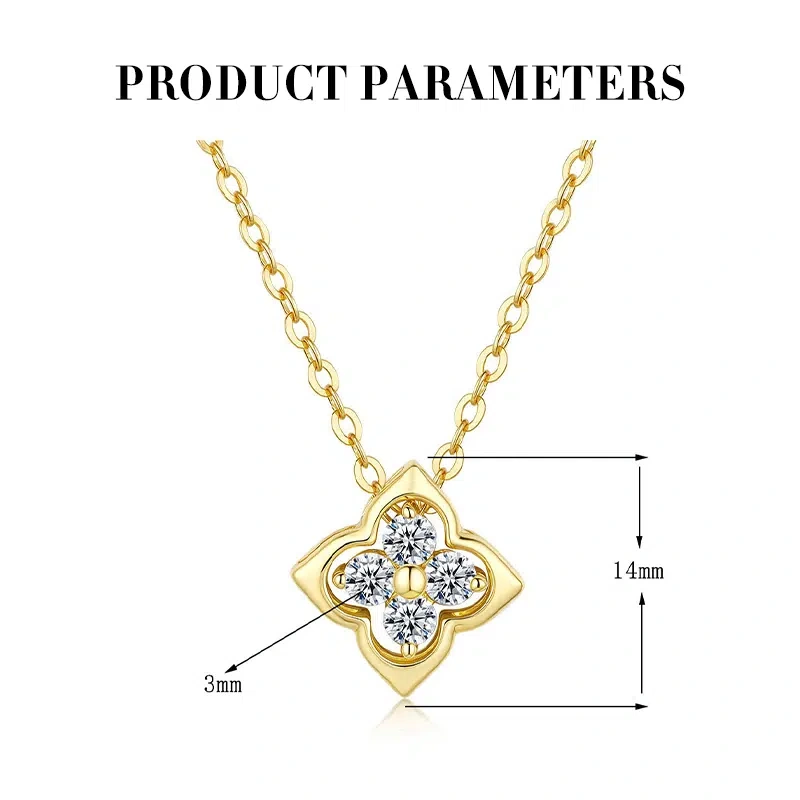 Lucky Four-Leaf Clover Necklace, S925 Silver 14K Gold Plated with Moissanite