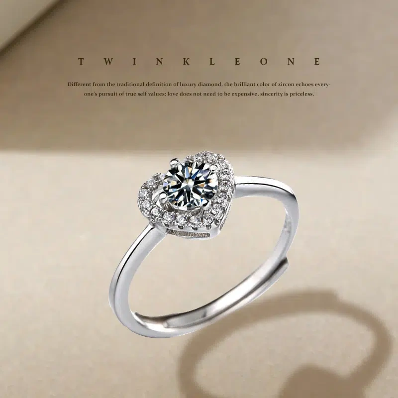 TWINKLEONE Handmade Silver Heart-Shaped Zirconia Ring – Eternal Love Proposal Ring