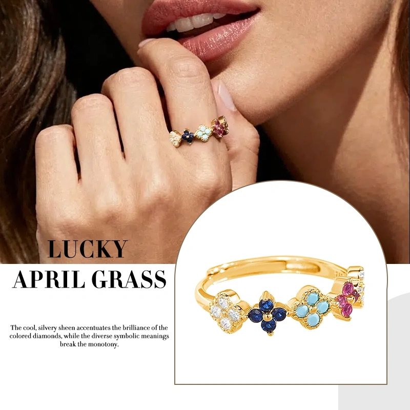 Lucky Four-Leaf Clover Ring, S925 Silver with Colored Zircon, Birthday Gift