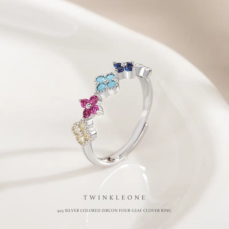 Lucky Four-Leaf Clover Ring, S925 Silver with Colored Zircon, Birthday Gift