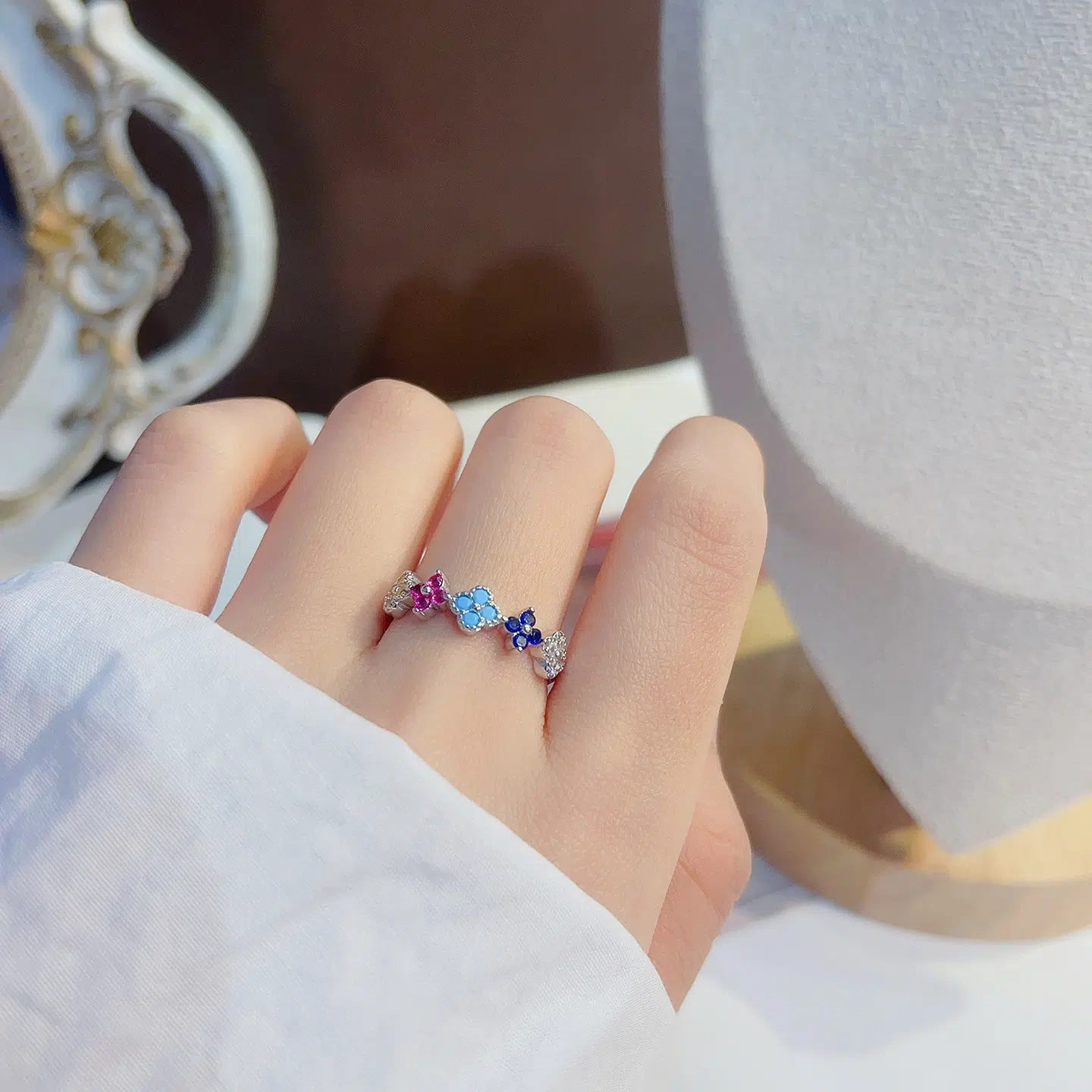 Lucky Four-Leaf Clover Ring, S925 Silver with Colored Zircon, Birthday Gift