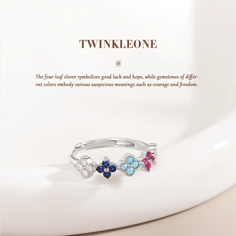 Lucky Four-Leaf Clover Ring, S925 Silver with Colored Zircon, Birthday Gift