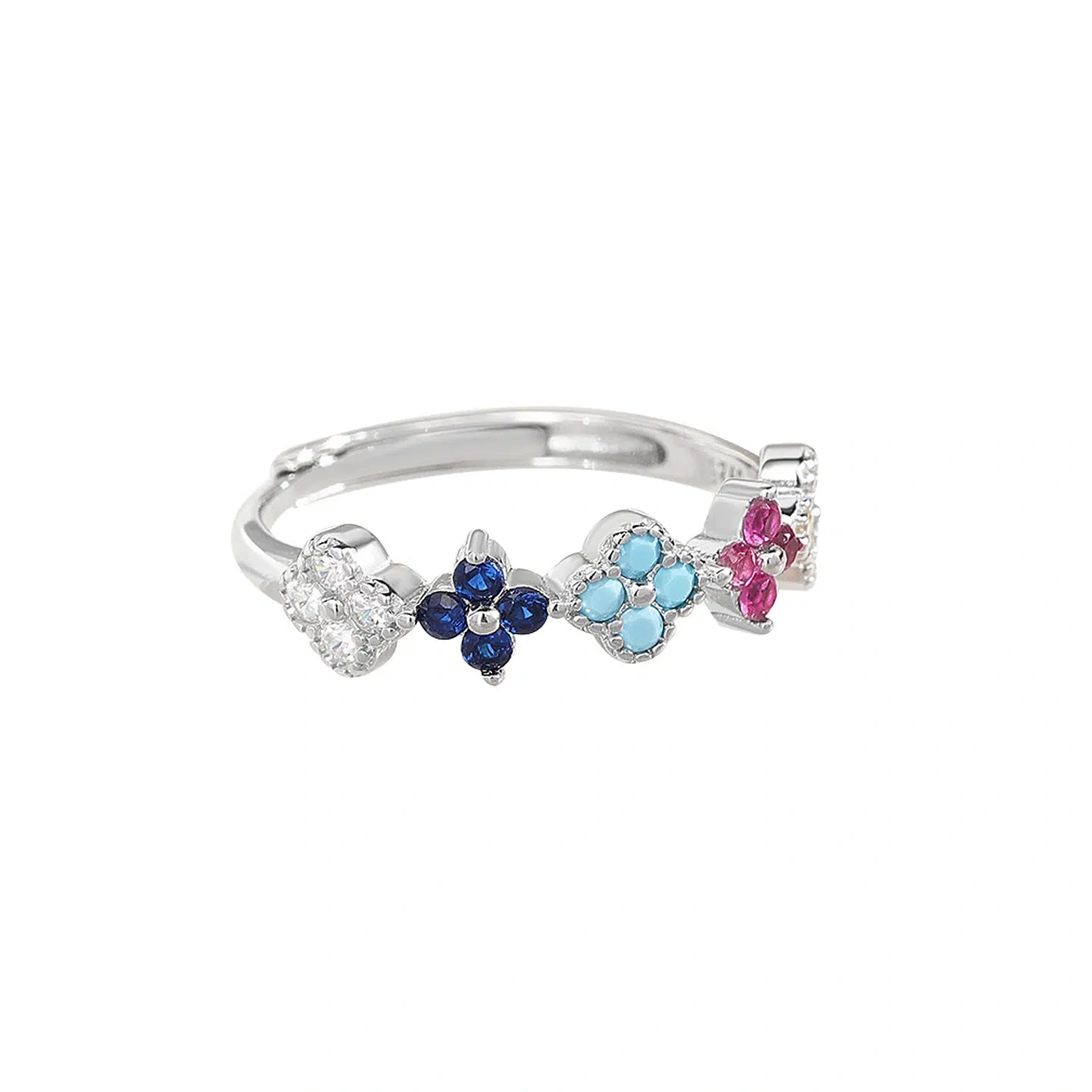Lucky Four-Leaf Clover Ring, S925 Silver with Colored Zircon, Birthday Gift