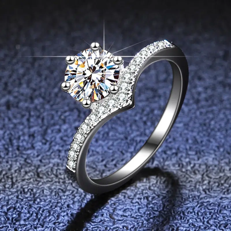 V-Promise Moissanite Ring - 925 Silver, Nickle-Free with Halo Diamonds
