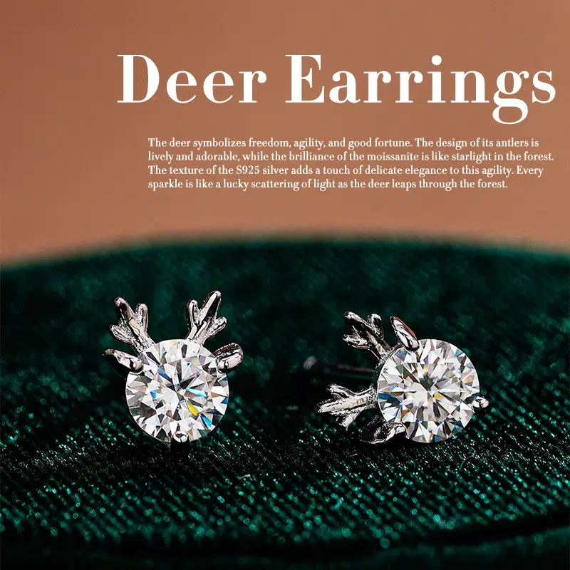 Moissanite Reindeer Earrings for Christmas | 925 Sterling Silver Festive Jewelry Gift