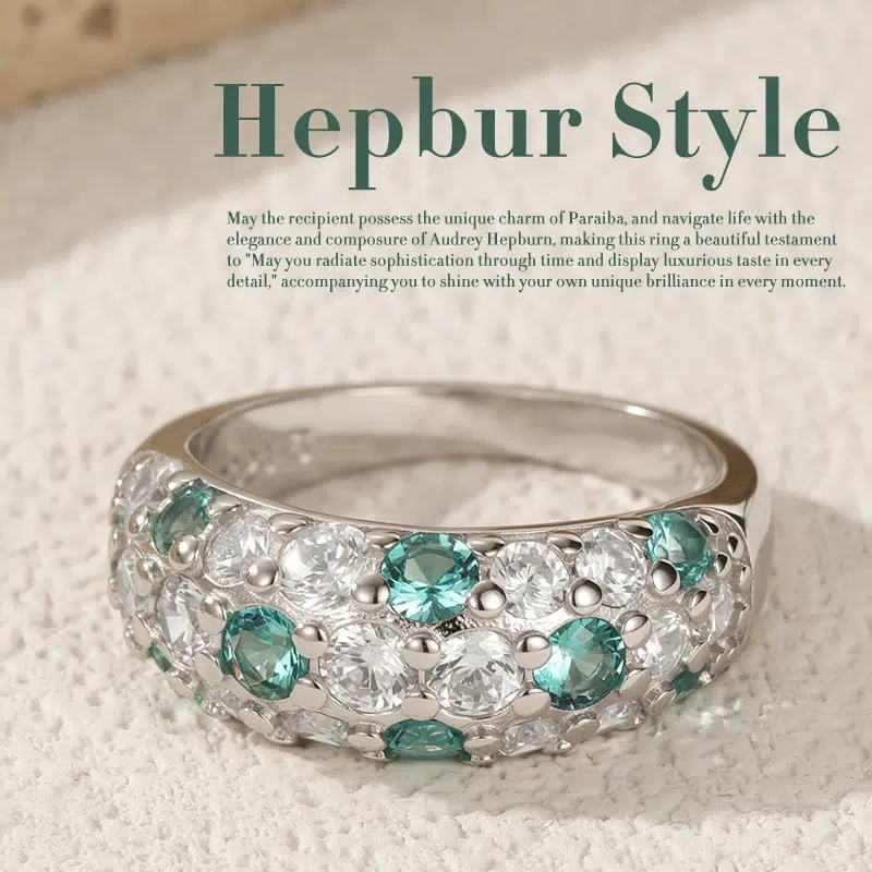 Hepburn-Era Elegance Ring, S925 Silver Diamond & Aqua Zircon, Timeless Luxury