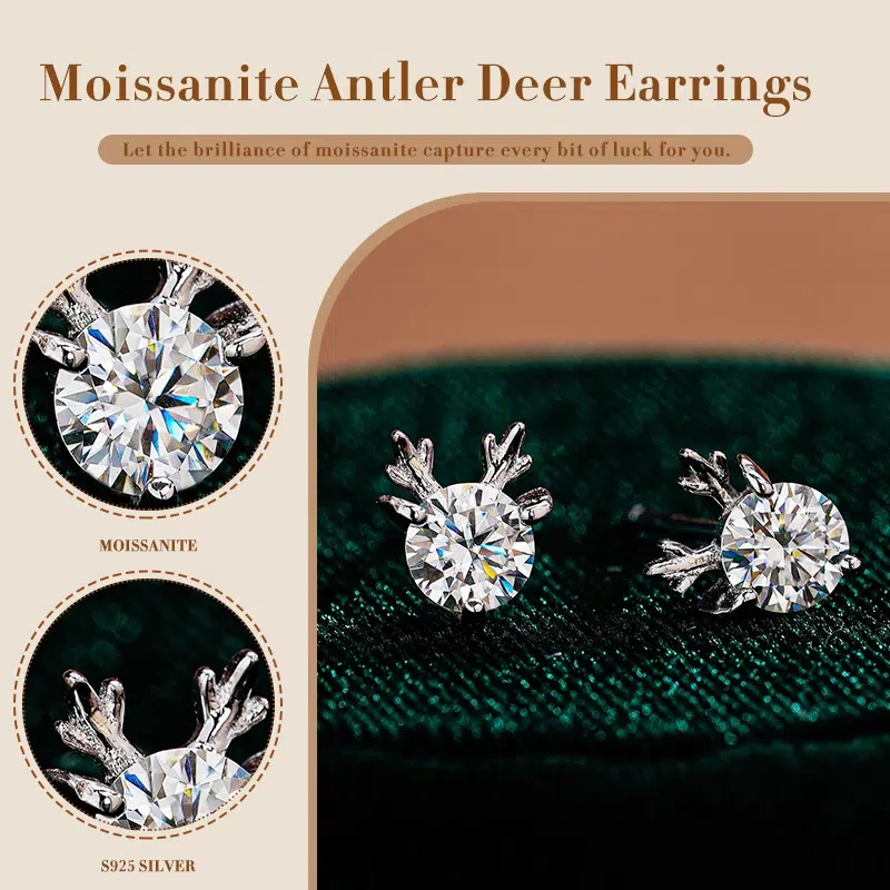 Moissanite Reindeer Earrings for Christmas | 925 Sterling Silver Festive Jewelry Gift