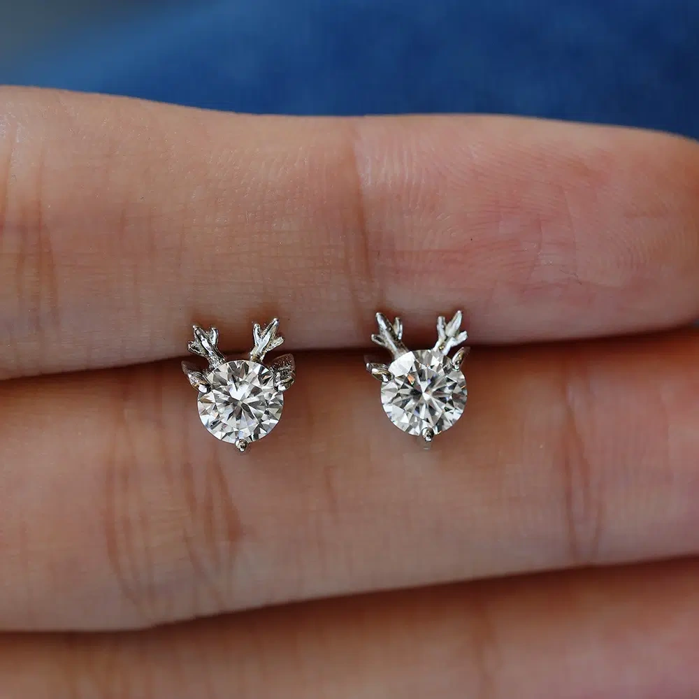 Moissanite Reindeer Earrings for Christmas | 925 Sterling Silver Festive Jewelry Gift