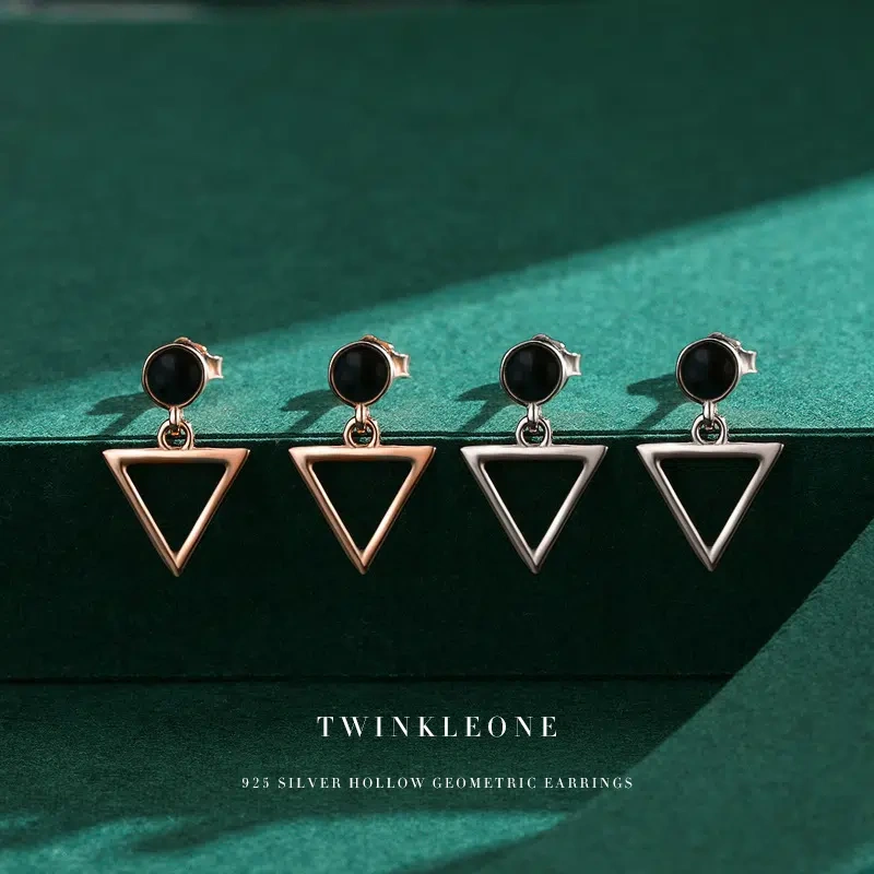 Geometric Triangle Stud Earrings - 925 Silver, Black Zircon & Nickel-Free​