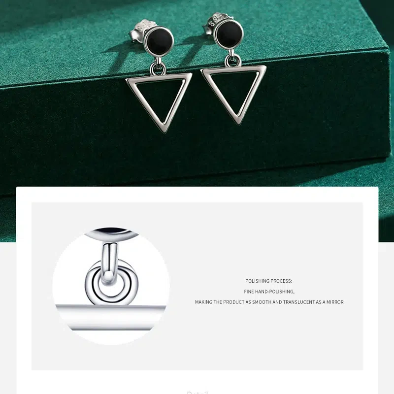 Geometric Triangle Stud Earrings - 925 Silver, Black Zircon & Nickel-Free​
