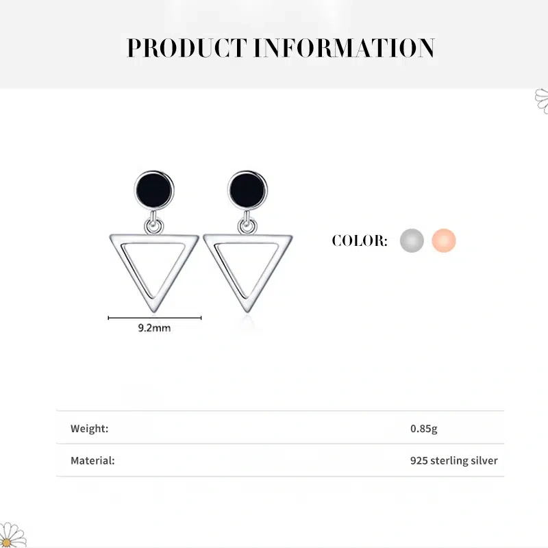 Geometric Triangle Stud Earrings - 925 Silver, Black Zircon & Nickel-Free​