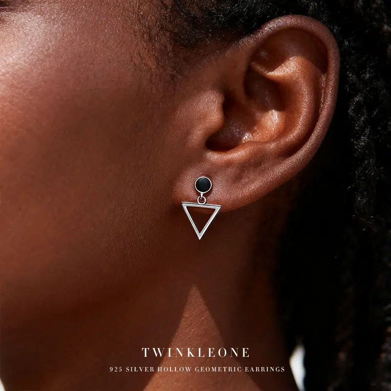 Geometric Triangle Stud Earrings - 925 Silver, Black Zircon & Nickel-Free​