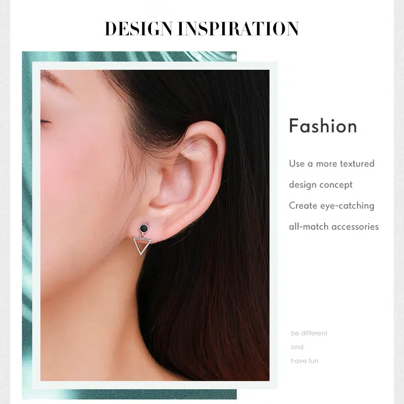 Geometric Triangle Stud Earrings - 925 Silver, Black Zircon & Nickel-Free​