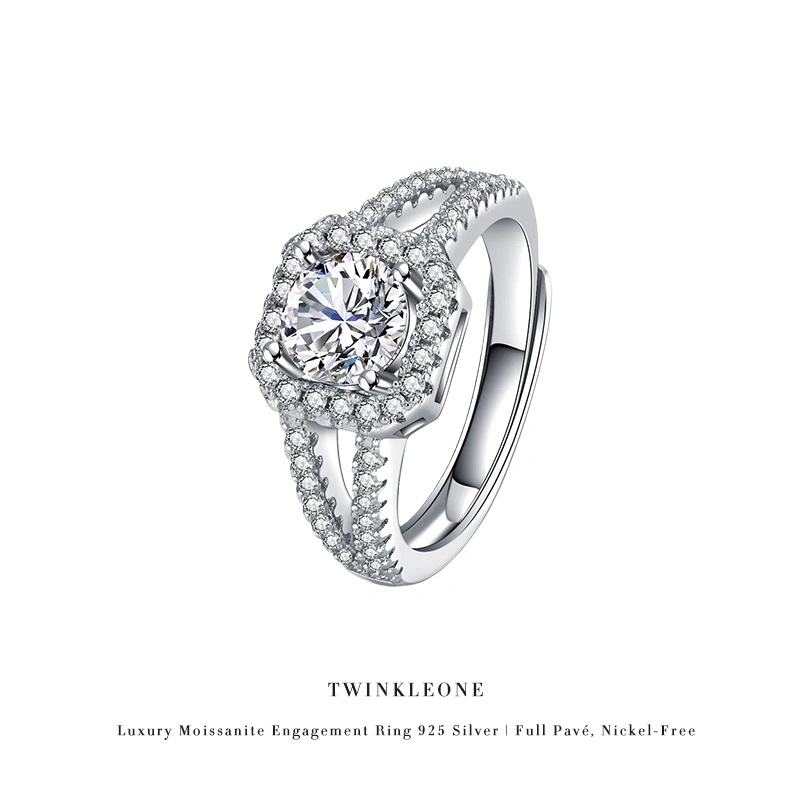 Eternal Sparkle Halo Ring - 925 Silver, Full Pavé Moissanite, Nickel-Free