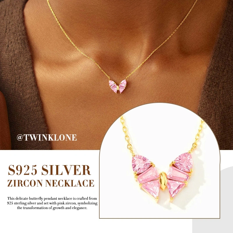 Butterfly Necklace S925 Silver | Pink Zircon Pendant for Transformation & Elegance