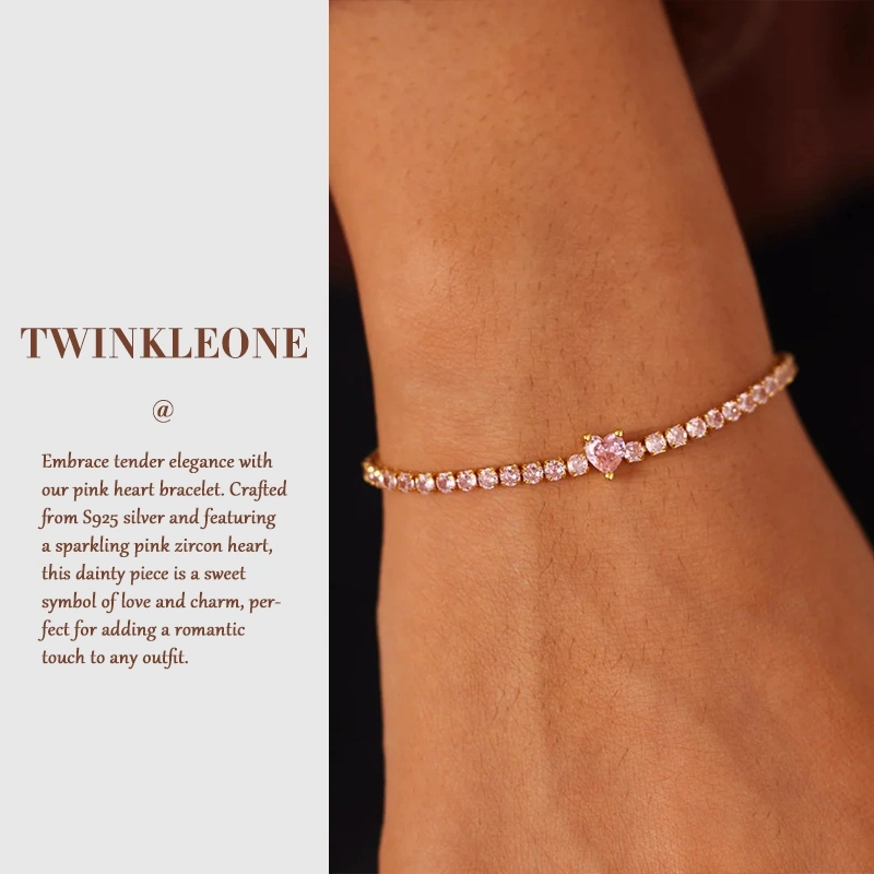 Pink Heart Zircon Bracelet - S925 Silver, Dainty & Romantic Jewelry for Women