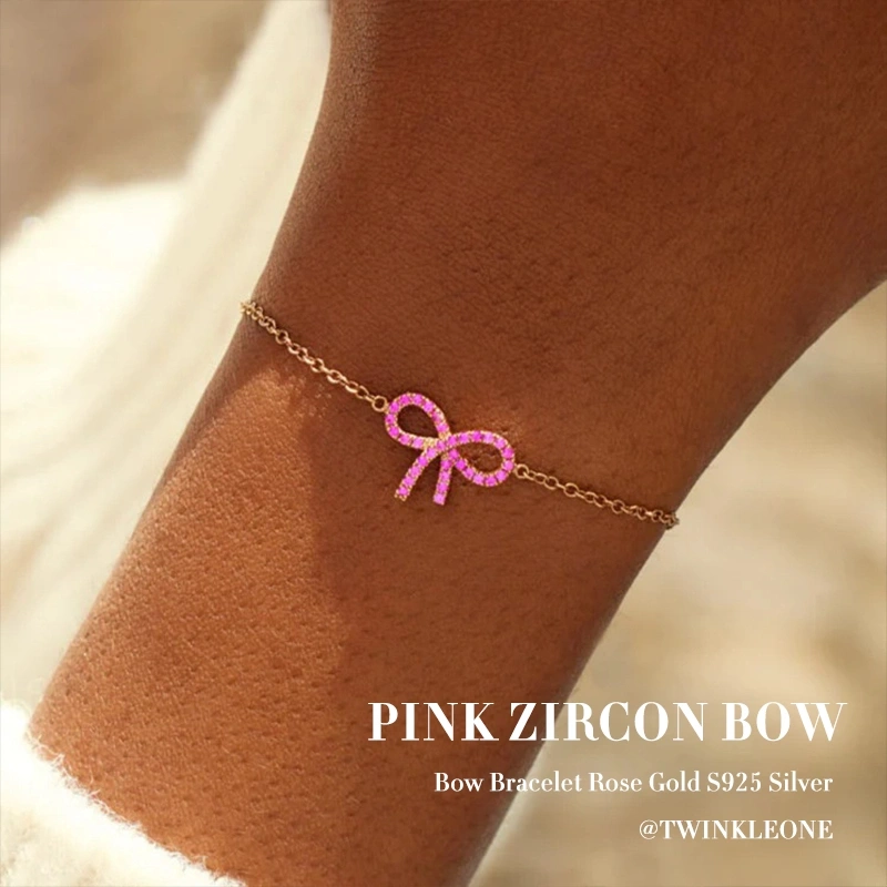 Bow Bracelet Rose Gold S925 Silver | Dainty Pink Zircon Jewelry for Women