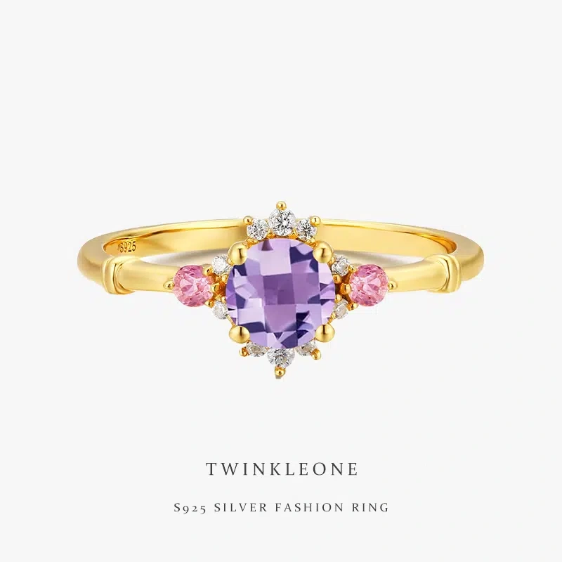 Purple and pink zircon crown ring - gold-plated 925 silver, nickel-free