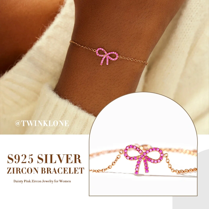 Bow Bracelet Rose Gold S925 Silver | Dainty Pink Zircon Jewelry for Women