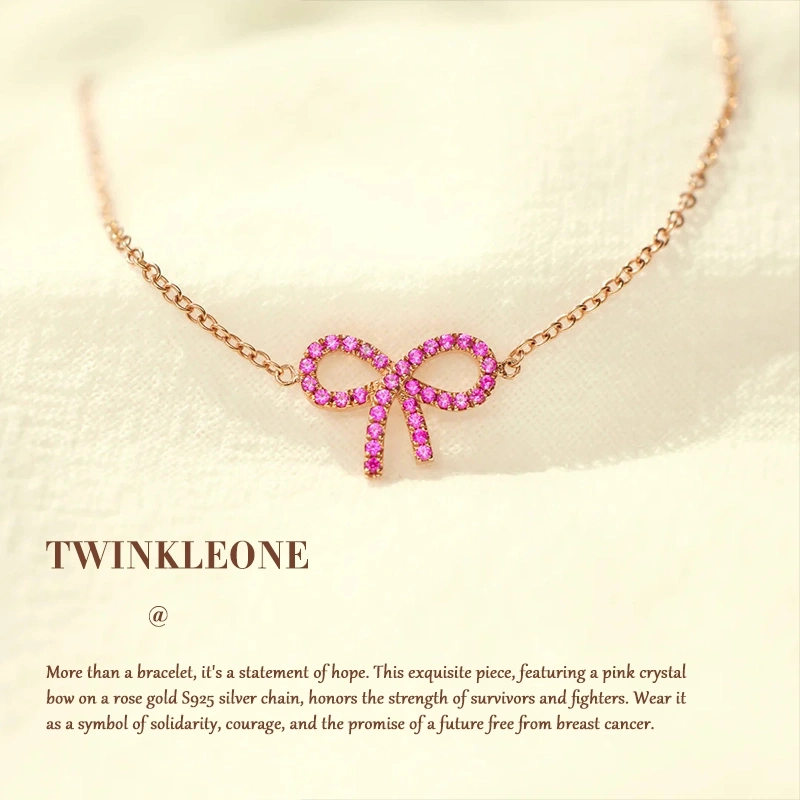 Pink Ribbon Bow Bracelet -  S925 Silver, Breast Cancer Awareness Jewelry