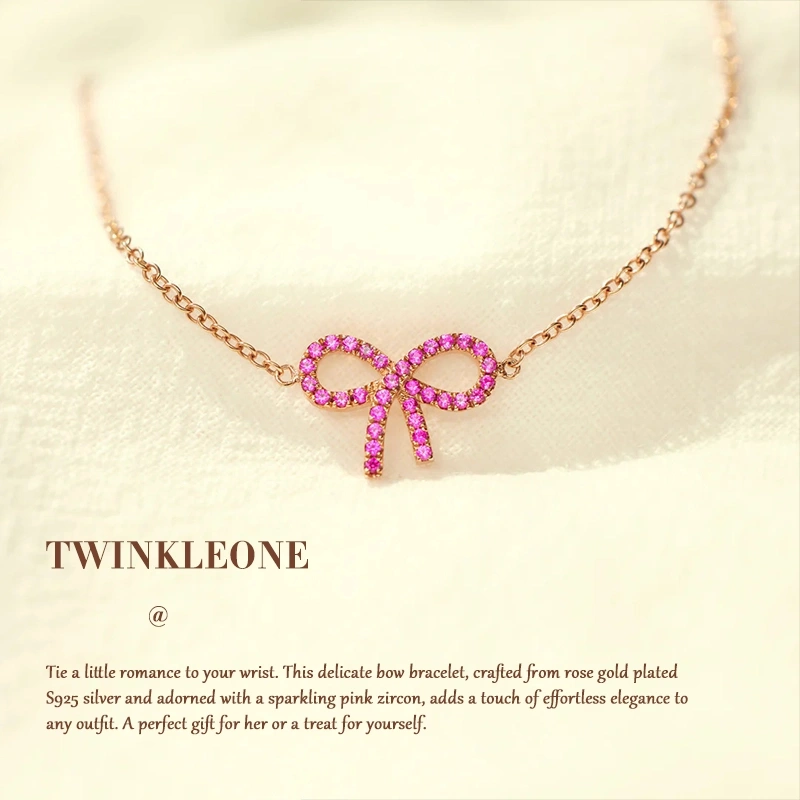 Bow Bracelet Rose Gold S925 Silver | Dainty Pink Zircon Jewelry for Women