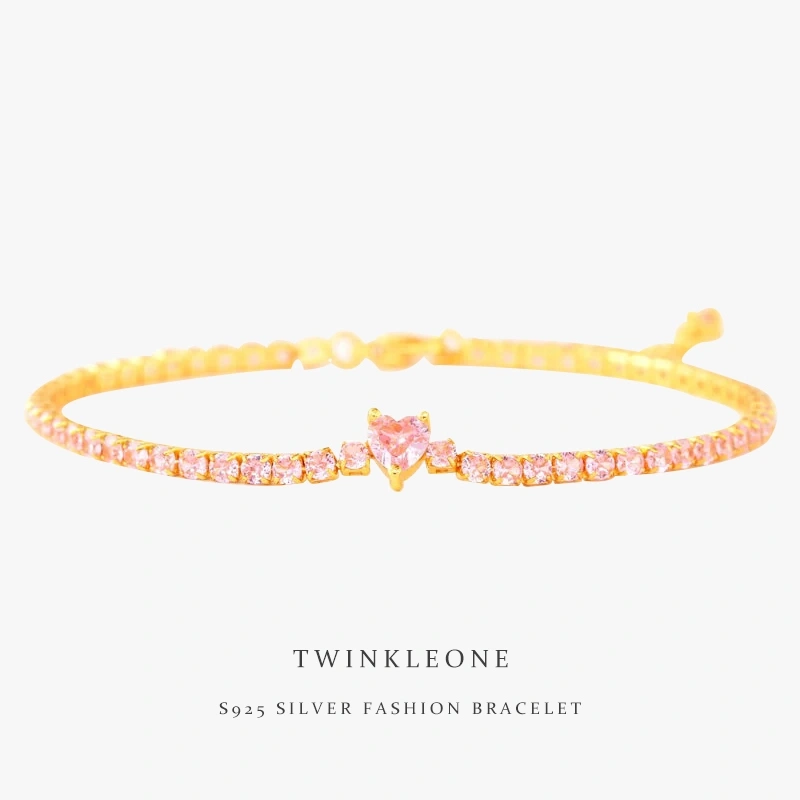 Pink Heart Zircon Bracelet - S925 Silver, Dainty & Romantic Jewelry for Women