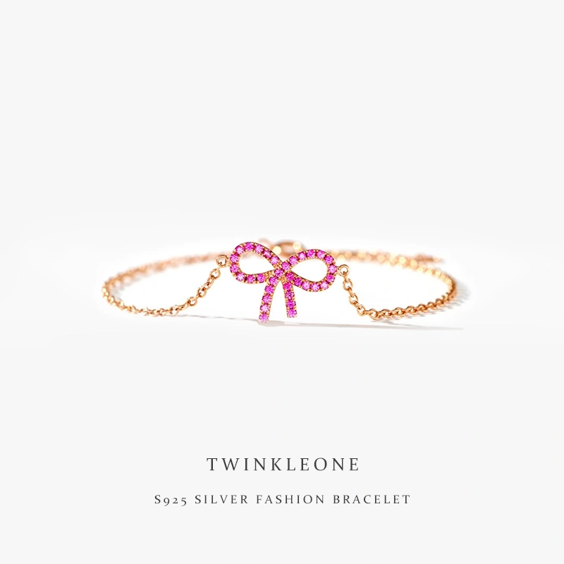Bow Bracelet Rose Gold S925 Silver | Dainty Pink Zircon Jewelry for Women