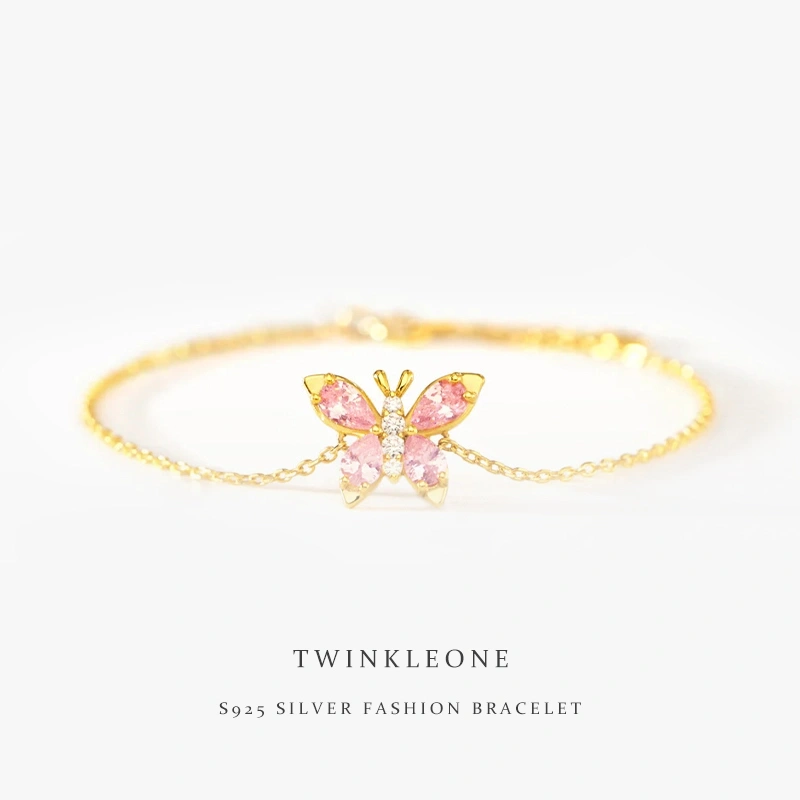 Butterfly Bracelet Gold Plated | Pink Zircon & Diamond Elegant Jewelry